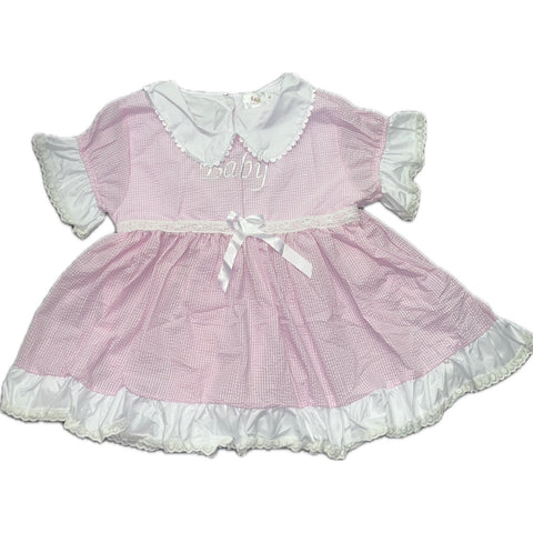 Baby Seersucker Pink & White BabyDoll Dress Embroidered