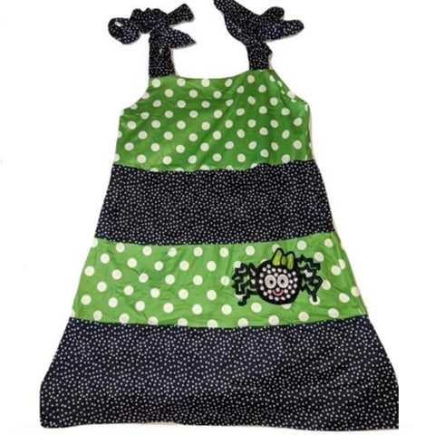 Spider Black & Green Dots Tie Strap Dress Tiered Dress