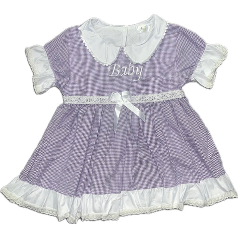 Baby Seersucker Purple & White BabyDoll Dress Embroidered