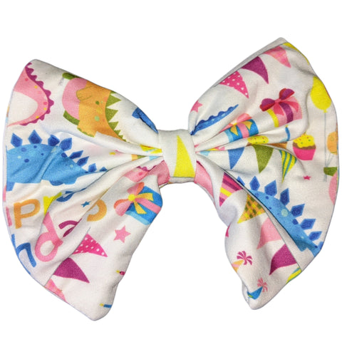 Pink Happy Birthday Dinosaur Fabric Hair Bow