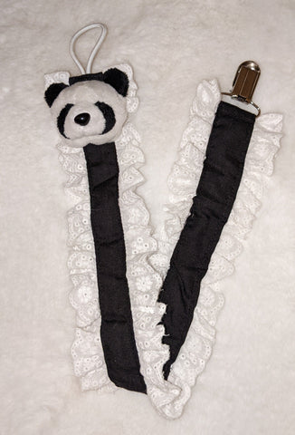 Panda Bear Black Plush Ruffle Deluxe Pacifier Clip